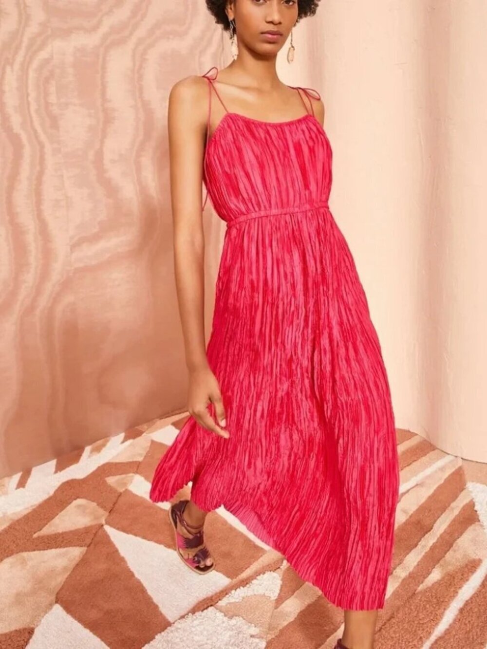 Ulla Johnson Orchid Pink Micro Crinkle Pleat Midi Dress 12 Strappy Wedding Guest
